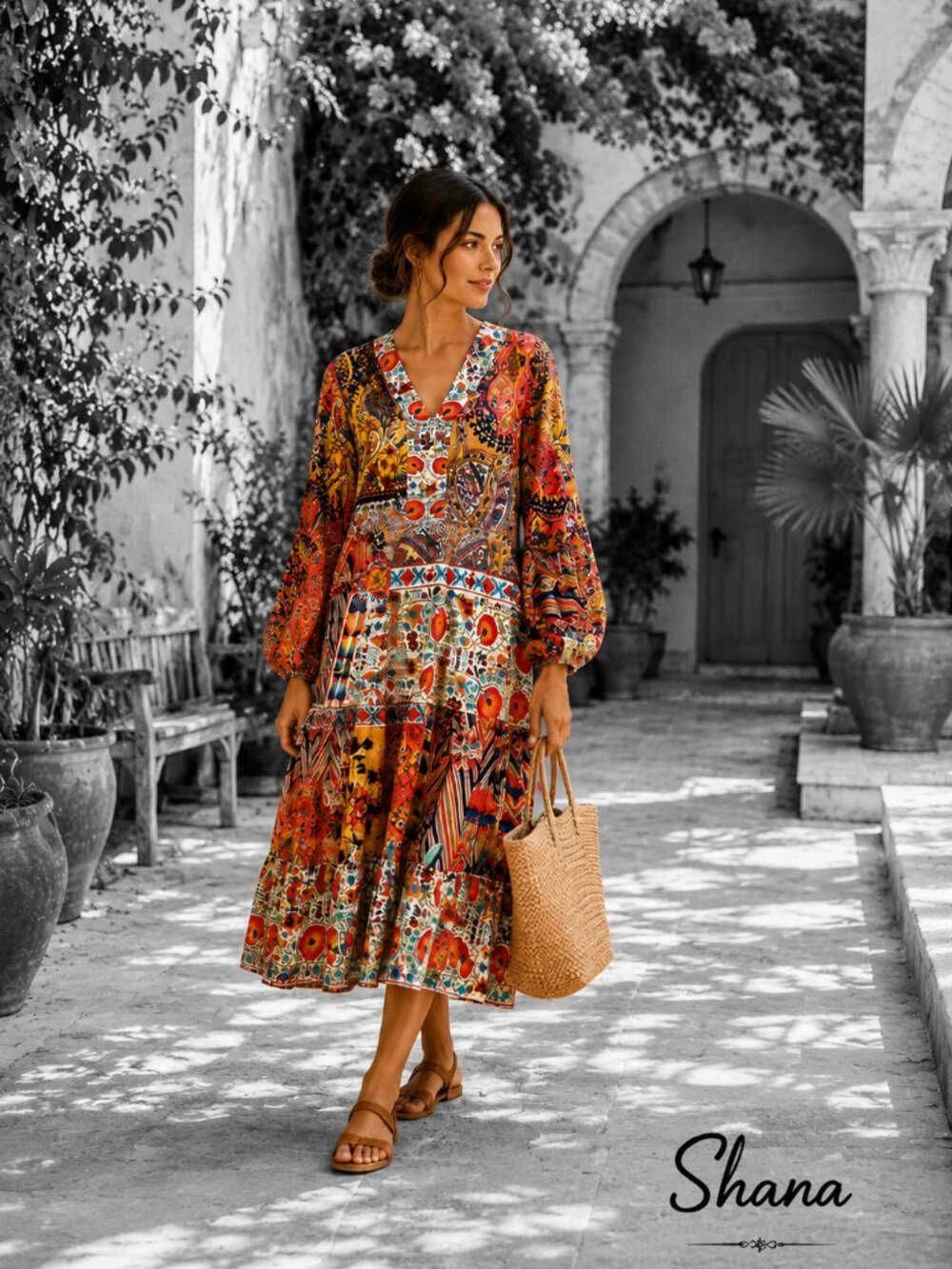 Shana XL Boho Patchwork Paisley Floral Midi Maxi Dress Colorful Long Sleeve